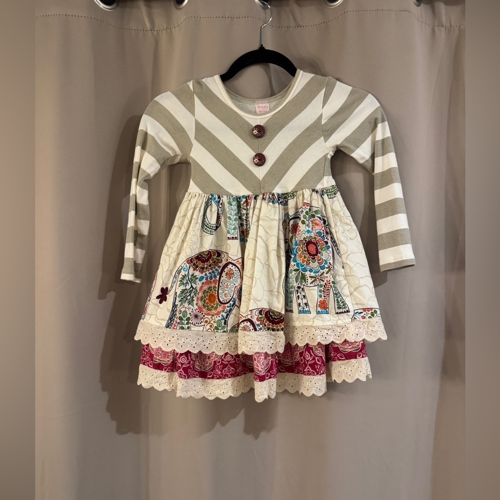 Giggle Moon White and Gray Fit and Flare Dress with 3/4 Sleeves